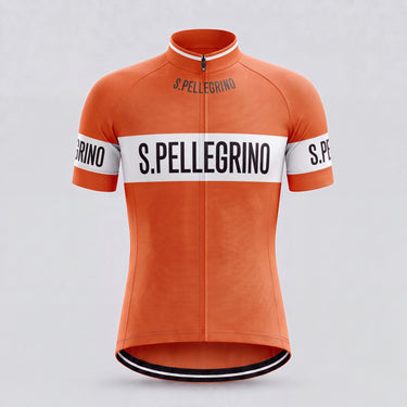 San Pellegrino retro cycling jersey, short sleeve, front view – orange with white bands
